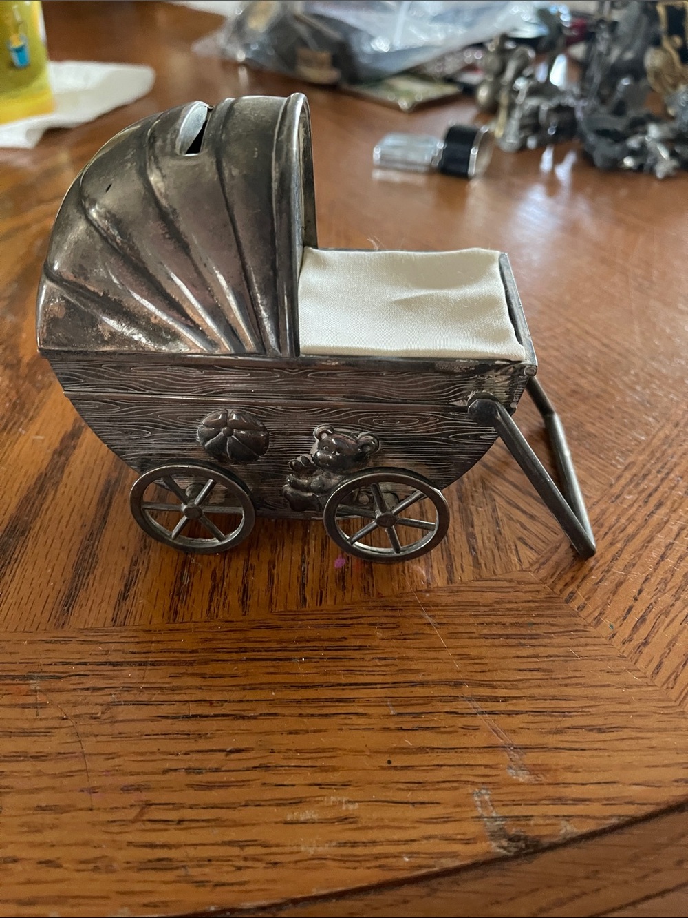 Vintage Silver plated Baby Carriage  Bank with Satin Liner